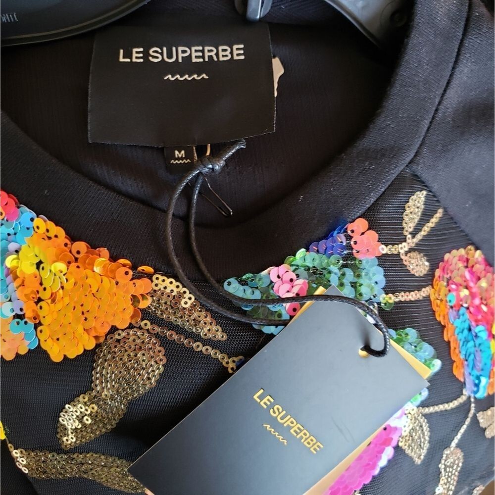 Le Superbe Glam Garden Sequined Sheer Round Neck Sweatshirt Top Women's Medium - Picture 11 of 12